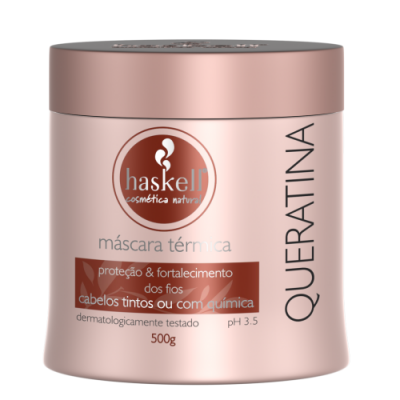 Pote rosa de máscara térmica de queratina Haskell para cabelos tintos ou com química