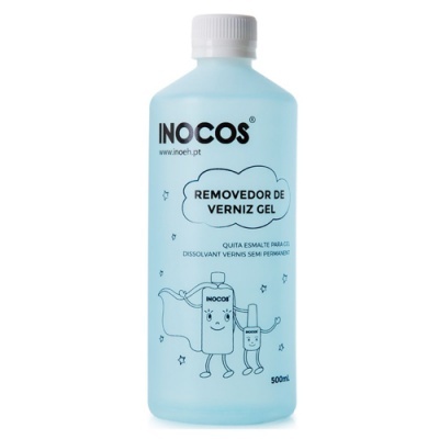 Frasco azul claro INOCOS removedor de verniz gel 500ml com tampa branca e ilustração animada