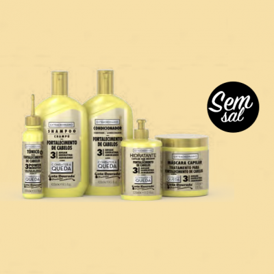 Produtos capilares amarelos para fortalecimento e queda de cabelo sem sal