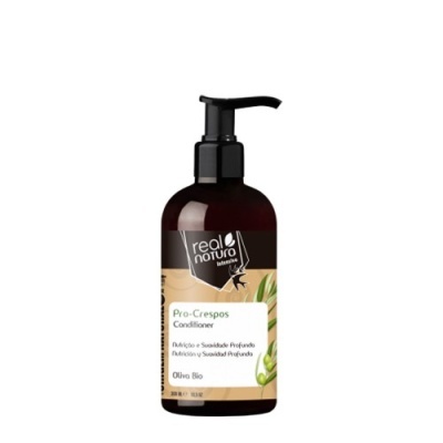 Frasco castanho de condicionador Real Natura Pro-Crespos com bomba negra e rótulo branco e bege