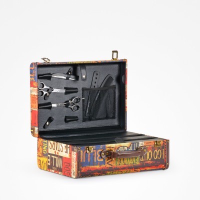 Conjunto de ferramentas de barbearia em caixa decorada colorida aberta