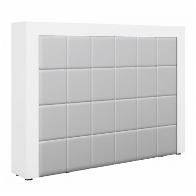 Cabeceira de cama branca com painel acolchoado cinzento claro em quadrados