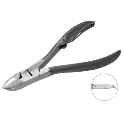 Alicate de corte metálico com punhos negros e detalhe circular do lado.