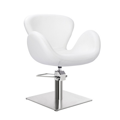 Cadeira de salão branca com base metálica quadrada e sistema de ajuste