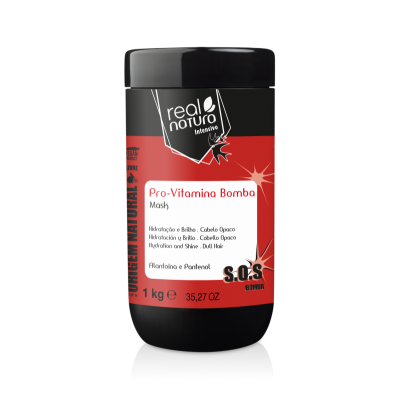frasco preto e vermelho de máscara capilar Real Natura Intense Pro-Vitamina Bomba, 1 kg