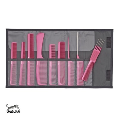 Conjunto de pentes cor-de-rosa organizados em saco transparente cinzento com logótipo Jaguar