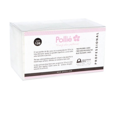 Embalagem do produto de polimento Pollié com texto em branco e rosa