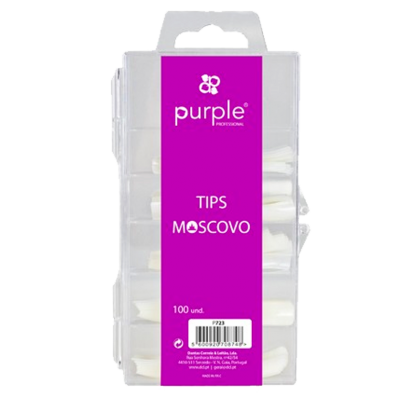 Estojo transparente com pontas para unhas e rótulo roxo da marca Purple