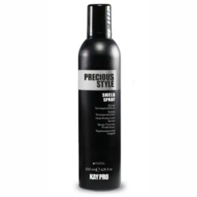 Frasco preto com rótulo branco de spray de proteção capilar