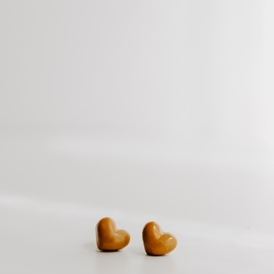 Dois pequenos corações castanhos sobre superfície branca