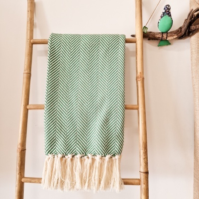 Manta verde com franjas pendurada em escada de bambu junto a parede branca com ornamento de pássaro verde