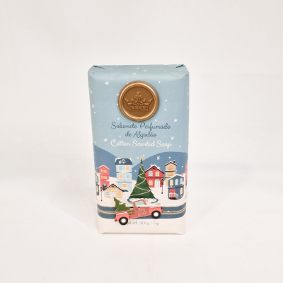 Sabonete perfumado embalagem azul com ilustrações de Natal e selo dourado