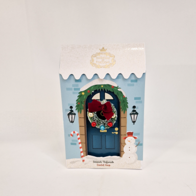 Caixa de presente decorativa de Natal com porta azul e coroa colorida