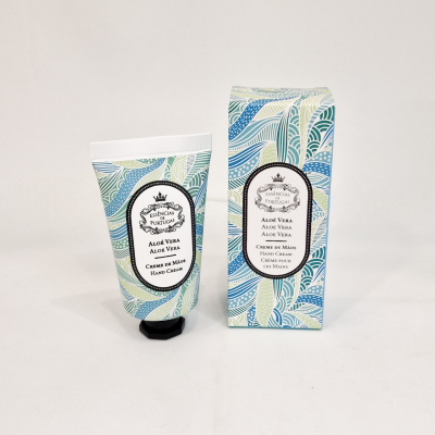 Creme de mãos Aloe Vera em tubo e caixa com padrão azul, verde e branco