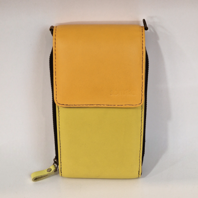 Bolsa pequena de couro amarelo e laranja com fecho