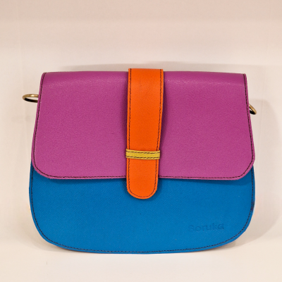 Mala de couro colorida lilás, azul e laranja