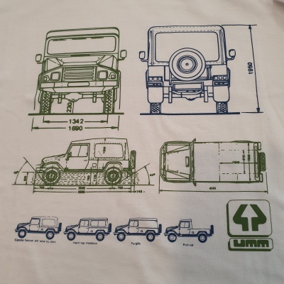 Desenho técnico do veículo UMM com dimensões e modelos em tecido bege