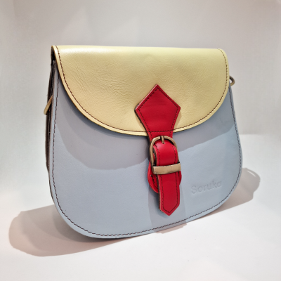 Mala de senhora creme, azul claro e vermelho com fecho de fivela