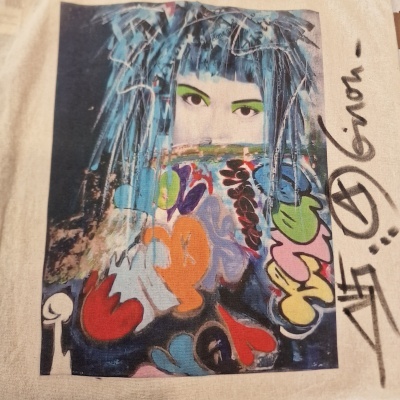 Pintura colorida de rosto com cabelo azul e sobrancelhas verdes em tecido com grafismos ao lado