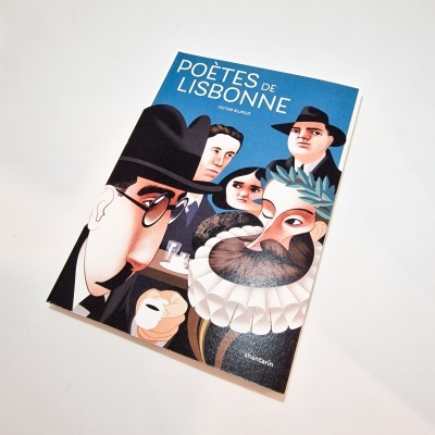 Capa de um livro ilustrado intitulado POÈTES DE LISBONNE com caricaturas coloridas