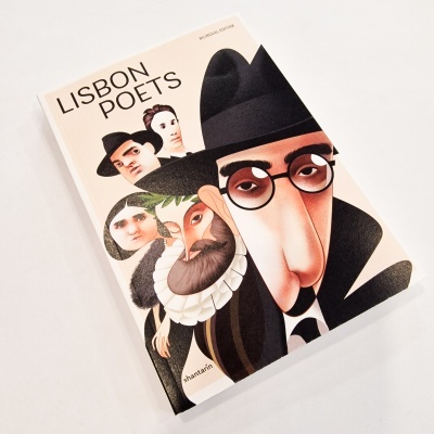 Capa do livro LISBON POETS com caricaturas de poetas em fundo bege