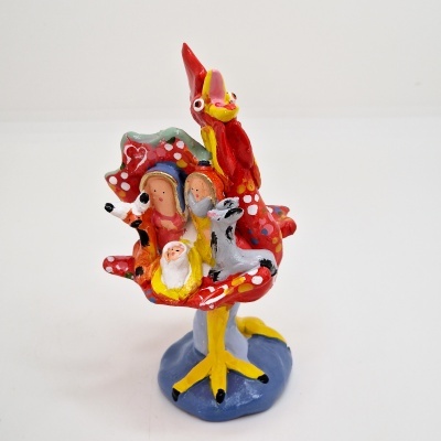 Estatueta cerâmica colorida de presépio com base azul