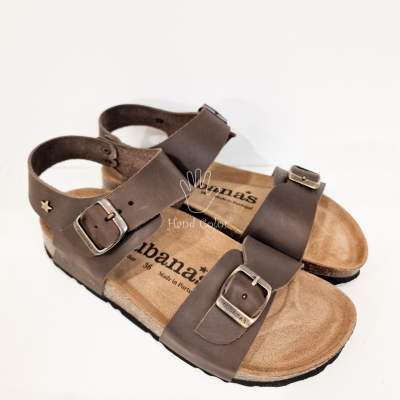 Sandálias de pele castanha com fivelas e sola de cortiça