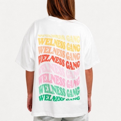 White T-shirt with colorful WELLNESS GANG text print on back