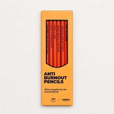 Box of orange Anti Burnout Pencils with motivational phrases visible through window