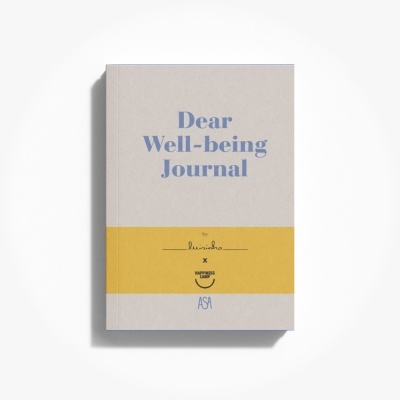 Cover of Dear Well-being Journal book with beige and yellow colors and light blue text