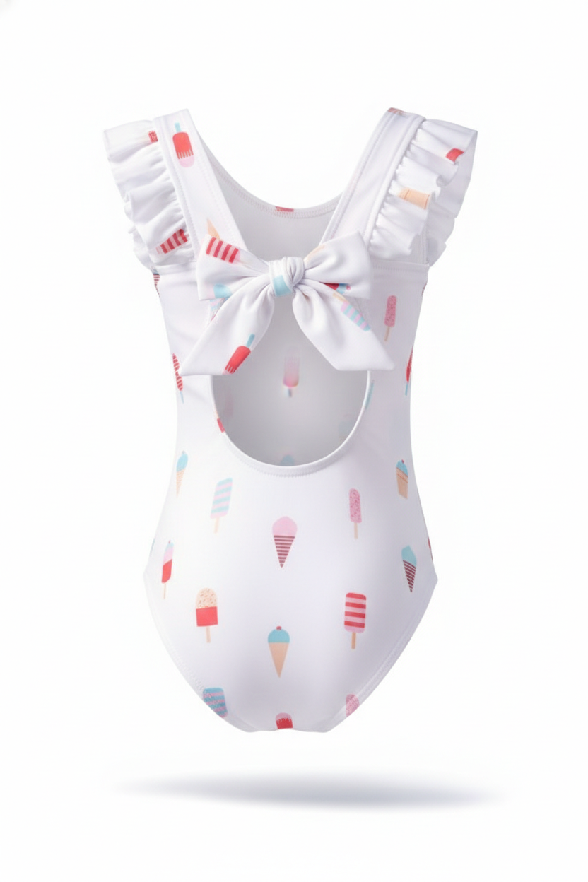 Fato de Banho Ice Cream Fato de banho infantil branco com padrão colorido de gelados e laço atrás