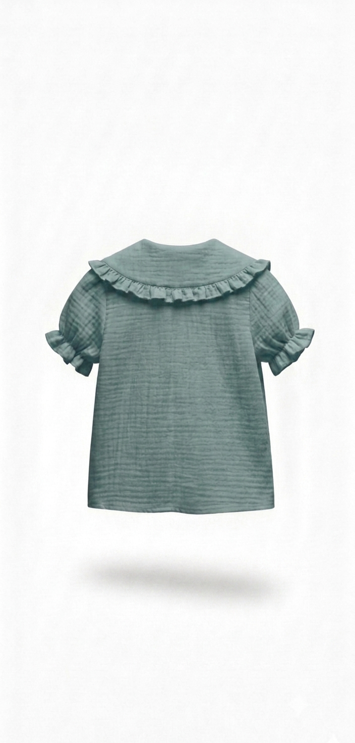 Camisa Green Camisola azul-petróleo infantil com gola e folhos nas mangas, vista traseira