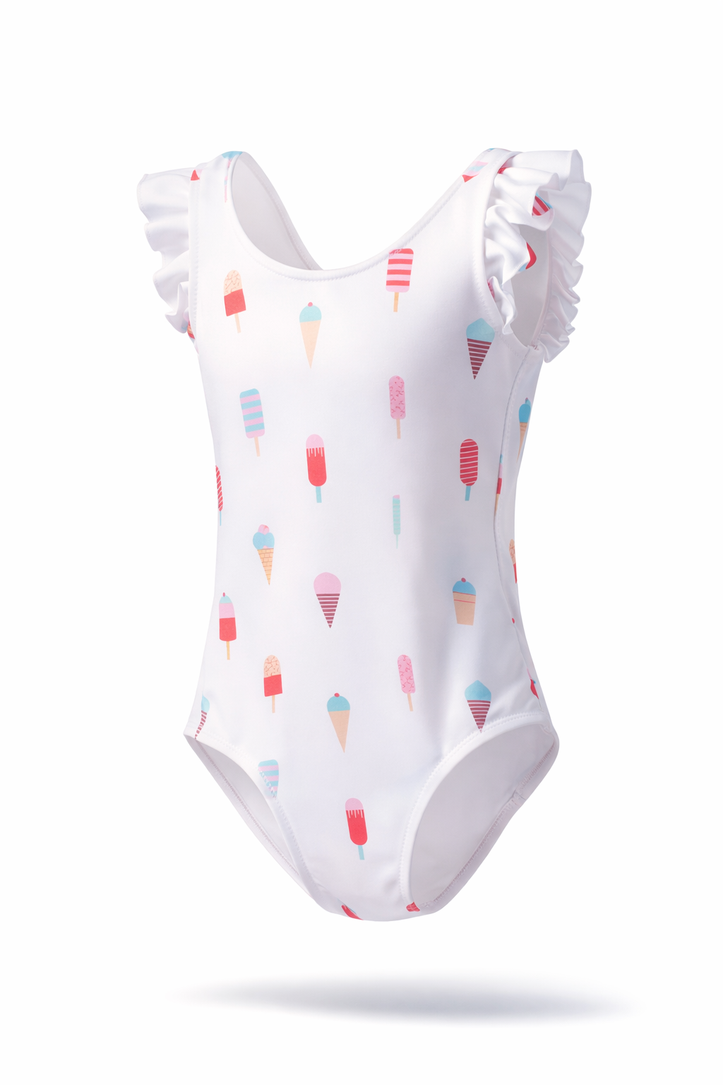 Fato de Banho Ice Cream Fato de banho branco com estampado de gelados pastel e folhos nos ombros