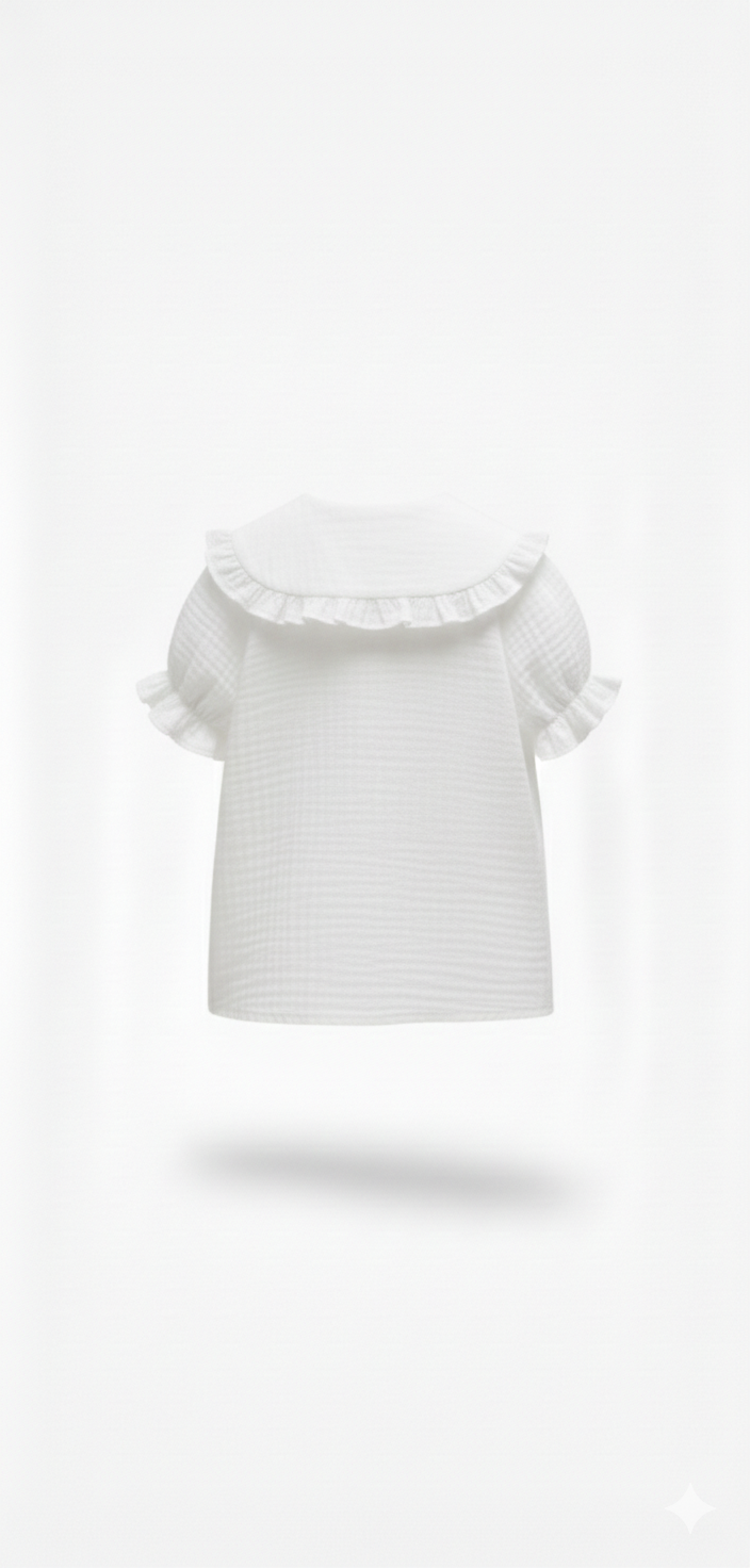 Camisa White blusa branca de bebé com gola larga e mangas curtas com rufos