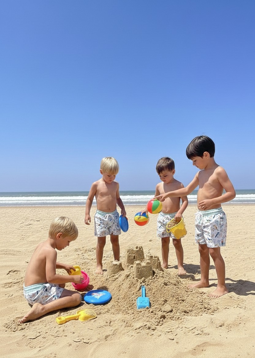 Calção de Banho Bird Crianças a construir castelo de areia na praia com brinquedos coloridos