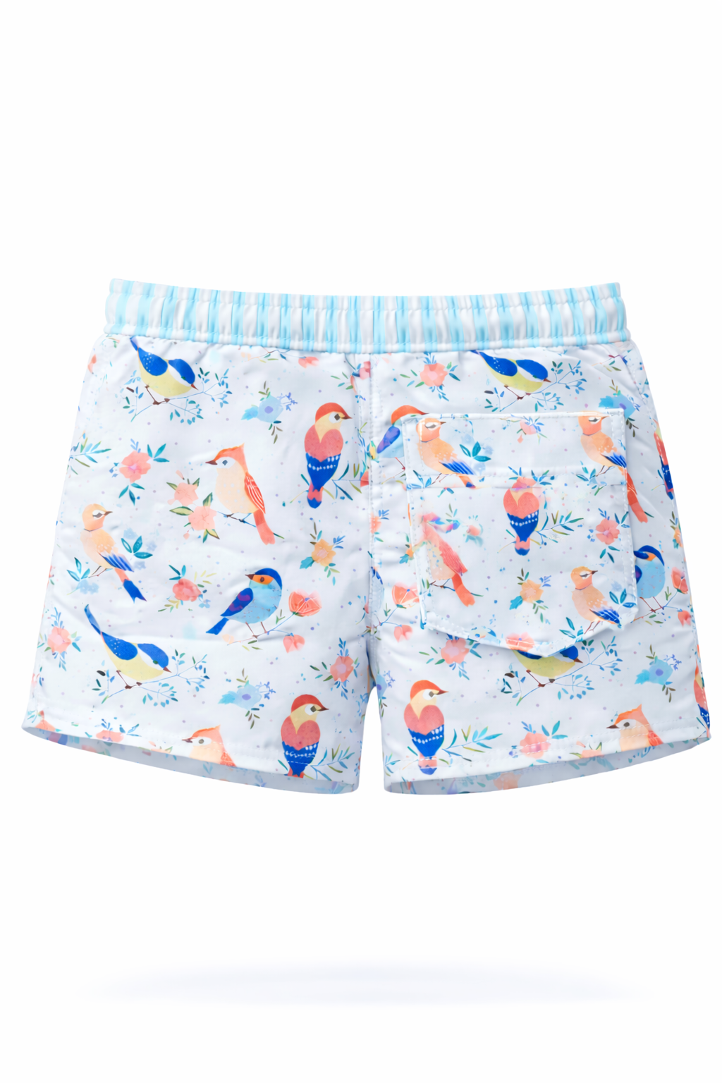 Calção de Banho Bird Calções de banho brancos com padrão de pássaros coloridos e flores e cós elástico azul claro