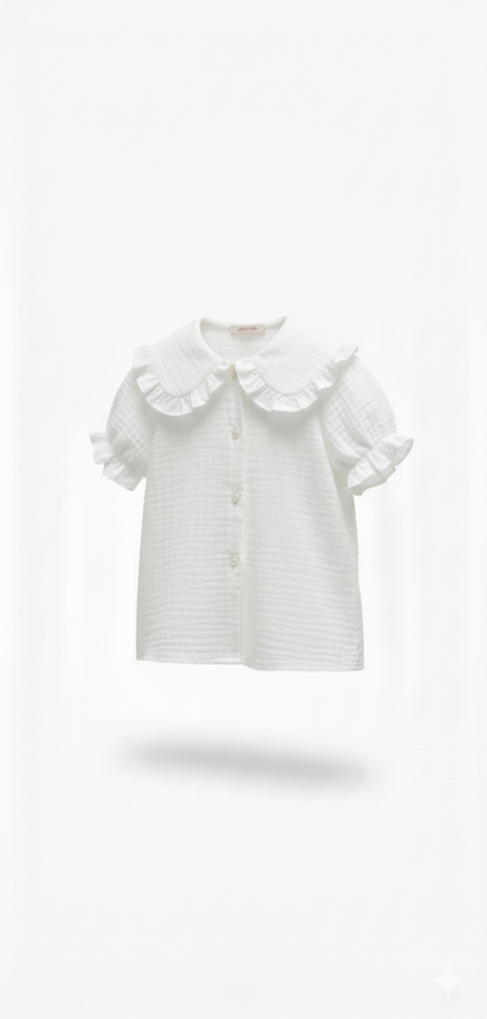 Camisa White Camisa branca de criança com gola e mangas curtas com folhos