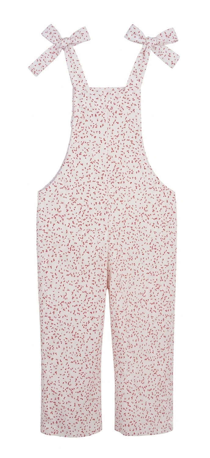 Jardineiras Red Macacão comprido branco com padrão de pequenas flores vermelhas e laços nas alças