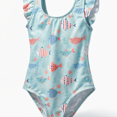 Fato de banho azul claro com padrão de peixes coloridos e mangas curtas folhosas