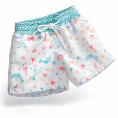 Calções de banho brancos com padrão colorido de animais marinhos e cintura elástica azul clara
