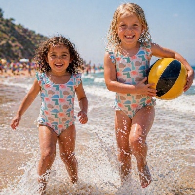 Duas meninas felizes a correr na praia com fatos de banho infantis coloridos e bola amarela/preta.