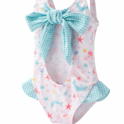Fato de banho infantil com padrão marinho e laço azul claro