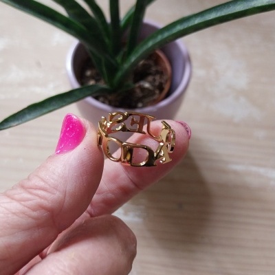 Anel dourado com letras vazadas segurado entre dedos com planta e superfície de madeira ao fundo