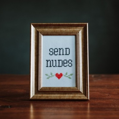 quadro pequeno de madeira com bordado SEND NUDES e coração vermelho