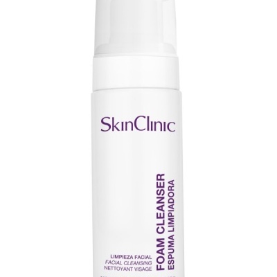 Frasco branco de espuma de limpeza facial SkinClinic com texto roxo e tampa de bomba