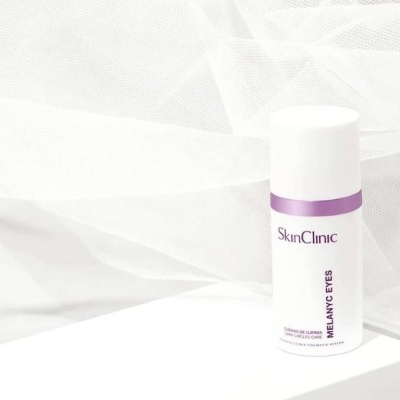 Frasco branco de SkinClinic MELANYC EYES com tampa branca e faixa roxa