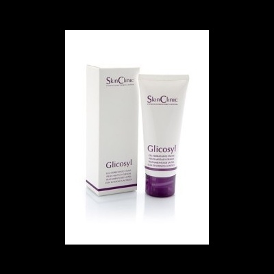 Creme Glicosyl SkinClinic em tubo branco com tampa roxa ao lado da caixa