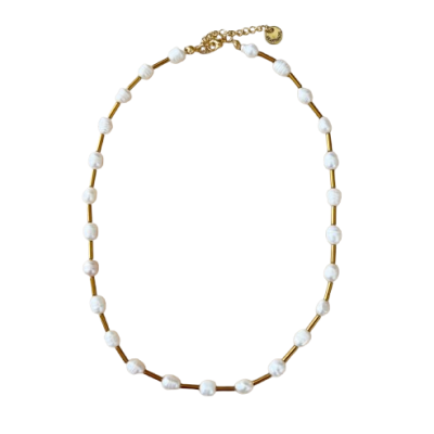 Colar com contas brancas e douradas com fecho ajustável
