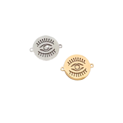 Pendentes redondos prateado e dourado com desenho de olho.