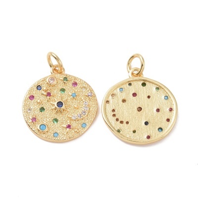 Dois pendentes dourados redondos com várias pedras coloridas incrustadas